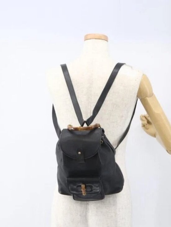 GUCCI Bamboo Backpack Leather Black Gold 003 1956 0030 Auth ka1325A